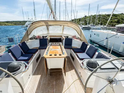 Cockpit of Star Romeo, a Bavaria Cruiser 56 sailboat at Primošten, Croatia