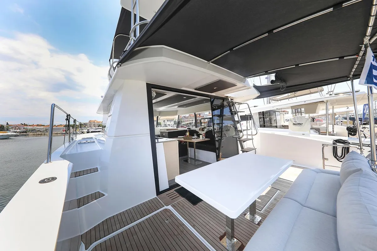 Deck of Anrik, a Fountaine Pajot MY 37 catamaran at Grad Biograd na Moru, Croatia