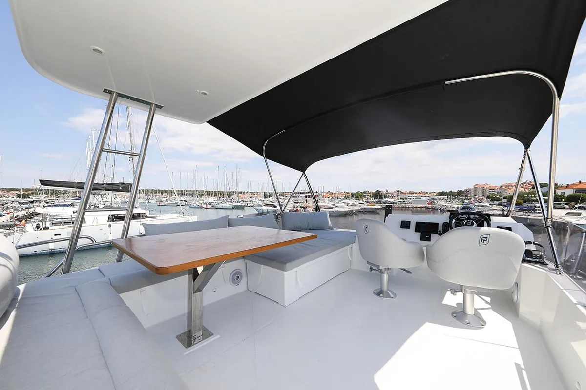 Deck of Anrik, a Fountaine Pajot MY 37 catamaran at Grad Biograd na Moru, Croatia