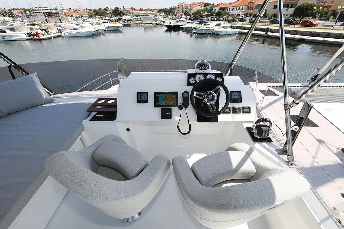 Cockpit of Anrik, a Fountaine Pajot MY 37 catamaran at Grad Biograd na Moru, Croatia