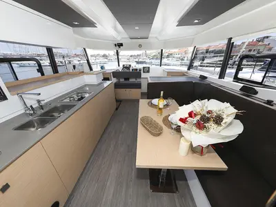 Salon of Anrik, a Fountaine Pajot MY 37 catamaran at Grad Biograd na Moru, Croatia