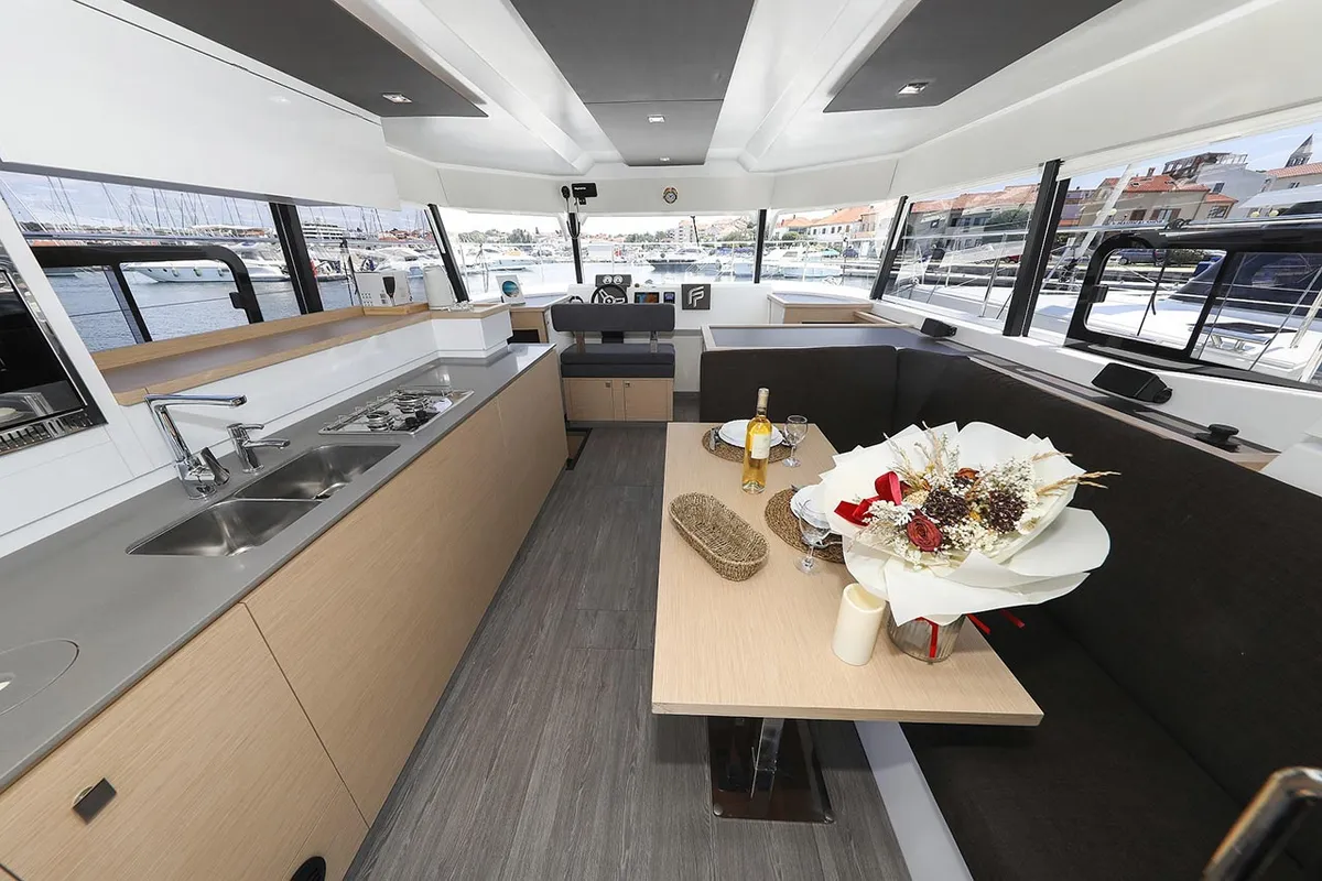 Salon of Anrik, a Fountaine Pajot MY 37 catamaran at Grad Biograd na Moru, Croatia