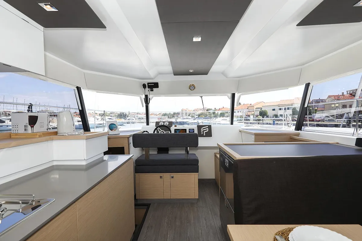 Cockpit of Anrik, a Fountaine Pajot MY 37 catamaran at Grad Biograd na Moru, Croatia