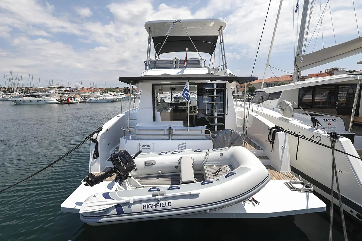 Exterior view of Anrik, a Fountaine Pajot MY 37 catamaran at Grad Biograd na Moru, Croatia