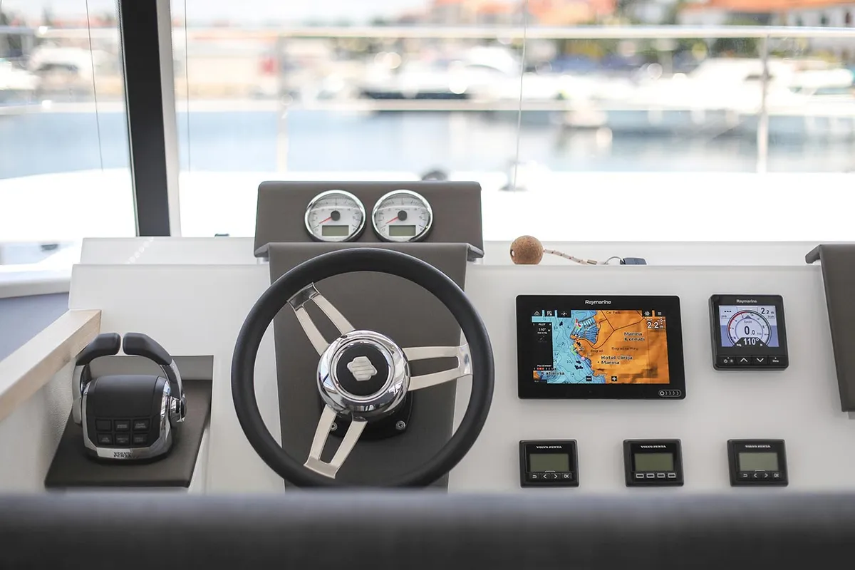 Cockpit of Anrik, a Fountaine Pajot MY 37 catamaran at Grad Biograd na Moru, Croatia