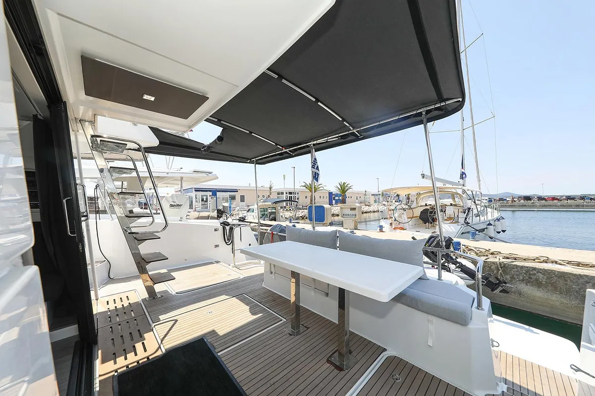 Deck of Anrik, a Fountaine Pajot MY 37 catamaran at Grad Biograd na Moru, Croatia