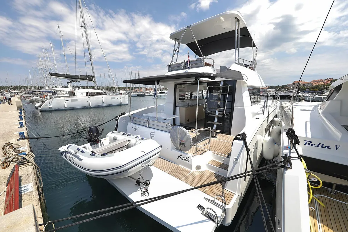 Exterior view of Anrik, a Fountaine Pajot MY 37 catamaran at Grad Biograd na Moru, Croatia