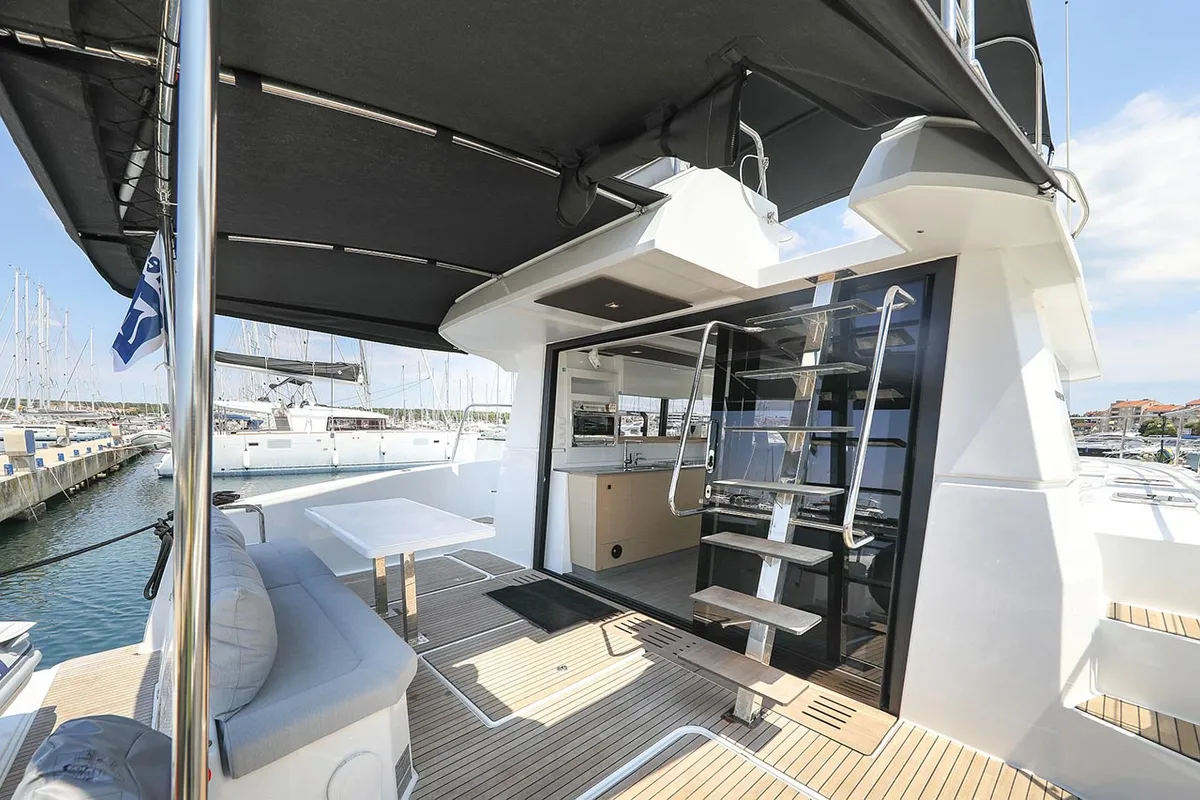 Deck of Anrik, a Fountaine Pajot MY 37 catamaran at Grad Biograd na Moru, Croatia