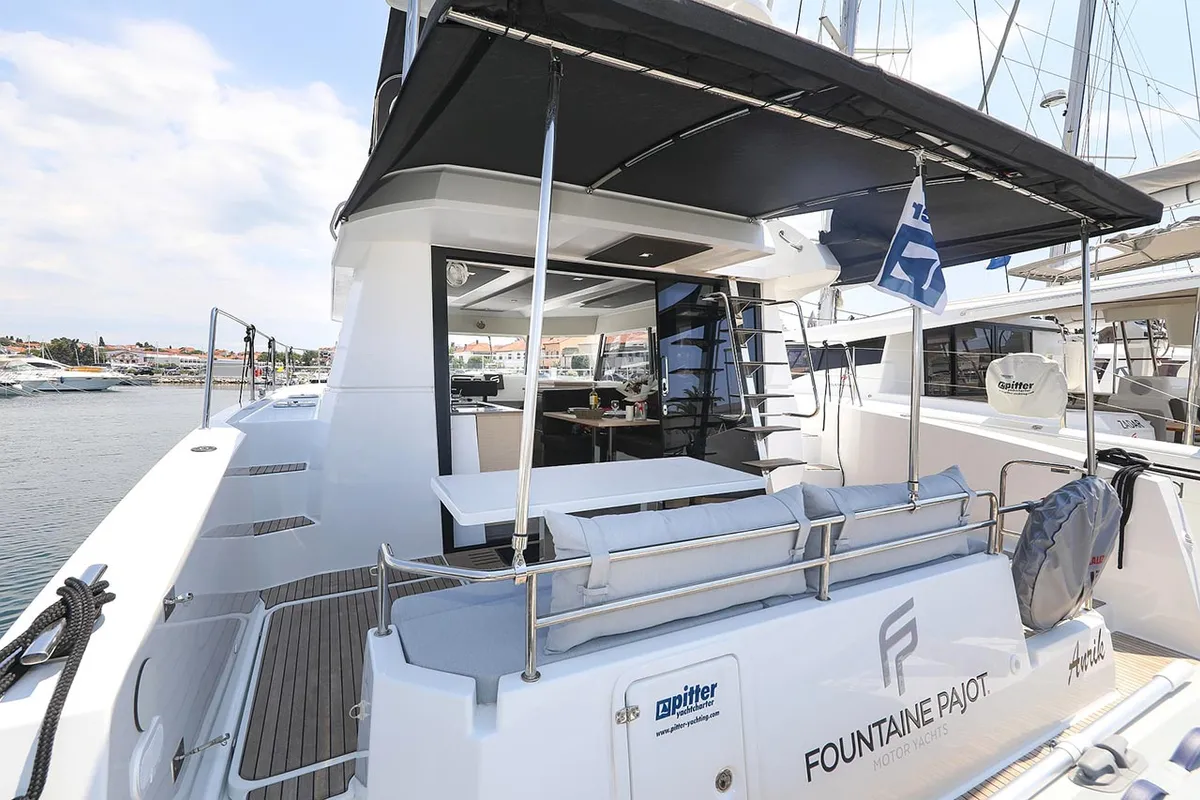 Deck of Anrik, a Fountaine Pajot MY 37 catamaran at Grad Biograd na Moru, Croatia