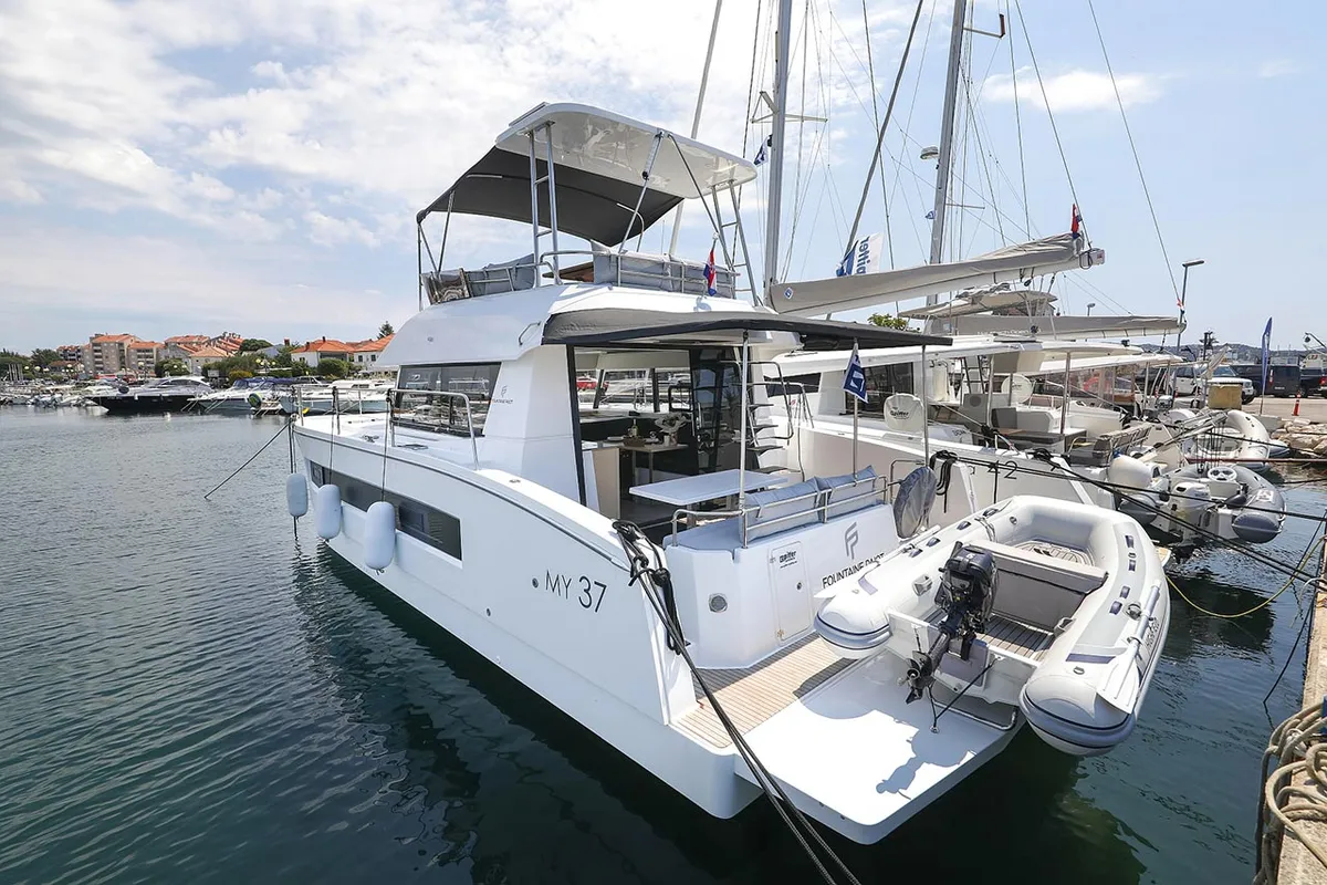Exterior view of Anrik, a Fountaine Pajot MY 37 catamaran at Grad Biograd na Moru, Croatia