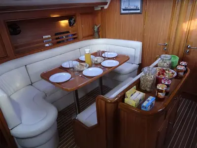 Salon of Blue marlin (en suite twin cabin 3), a Ocean Star 51.1 sailboat at Mykonos, Greece
