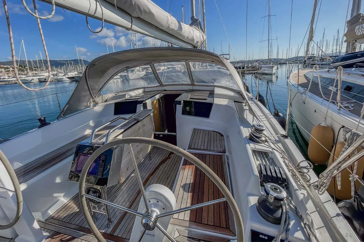 Cockpit of Pixtin, a Hanse 388 sailboat at Plan-d'Aups-Sainte-Baume, France