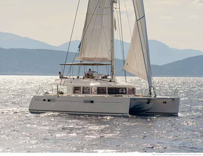 Exterior view of Moya, a Lagoon 560 catamaran at Athens, Greece
