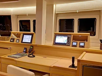 Cockpit of Moya, a Lagoon 560 catamaran at Athens, Greece