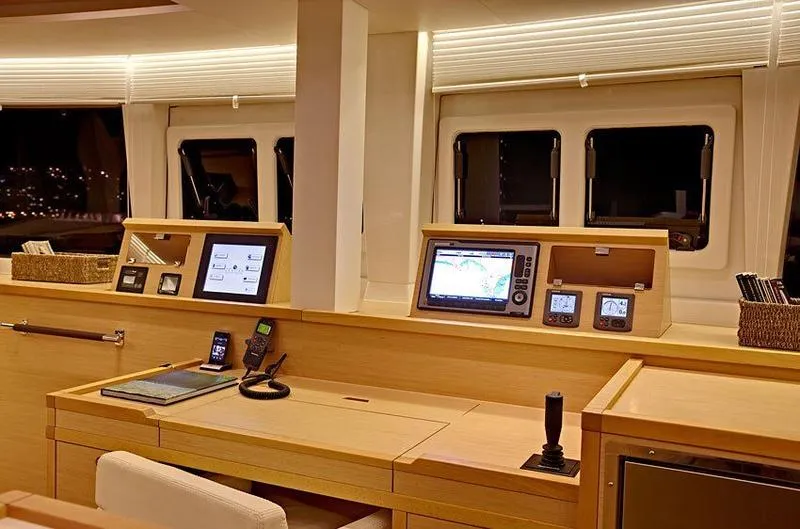 Cockpit of Moya, a Lagoon 560 catamaran at Athens, Greece