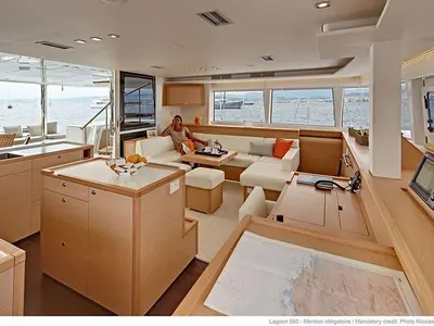 Salon of Moya, a Lagoon 560 catamaran at Athens, Greece