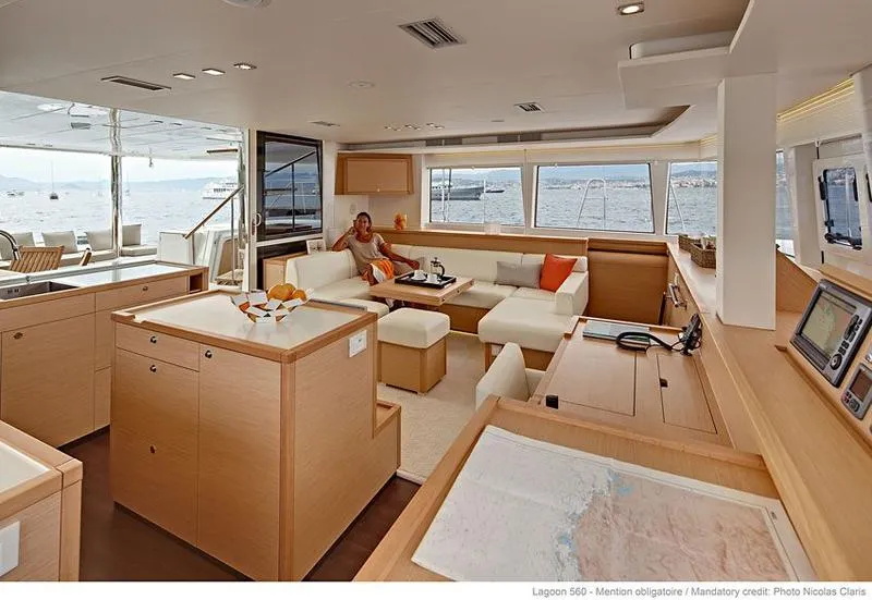 Salon of Moya, a Lagoon 560 catamaran at Athens, Greece