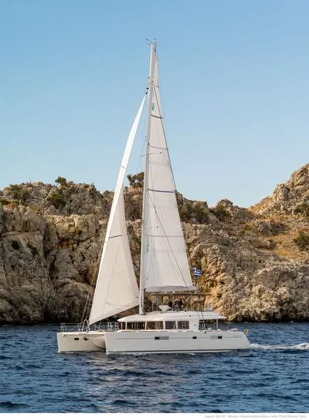 Exterior view of Moya, a Lagoon 560 catamaran at Athens, Greece