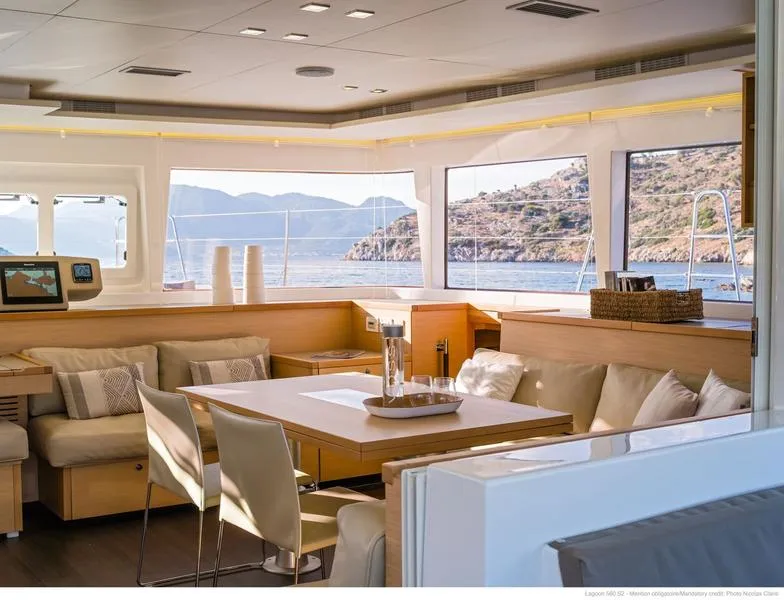 Salon of Moya, a Lagoon 560 catamaran at Athens, Greece