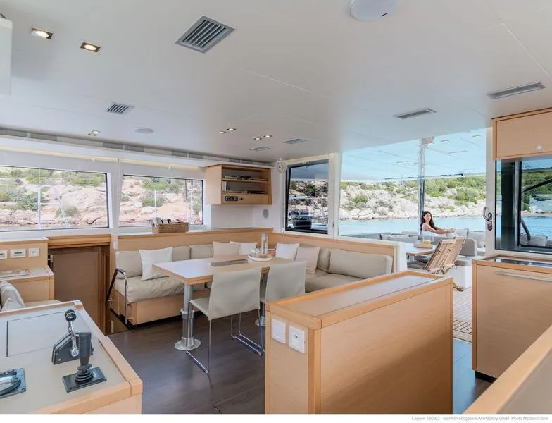 Salon of Moya, a Lagoon 560 catamaran at Athens, Greece