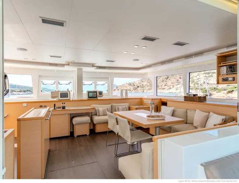 Salon of Moya, a Lagoon 560 catamaran at Athens, Greece