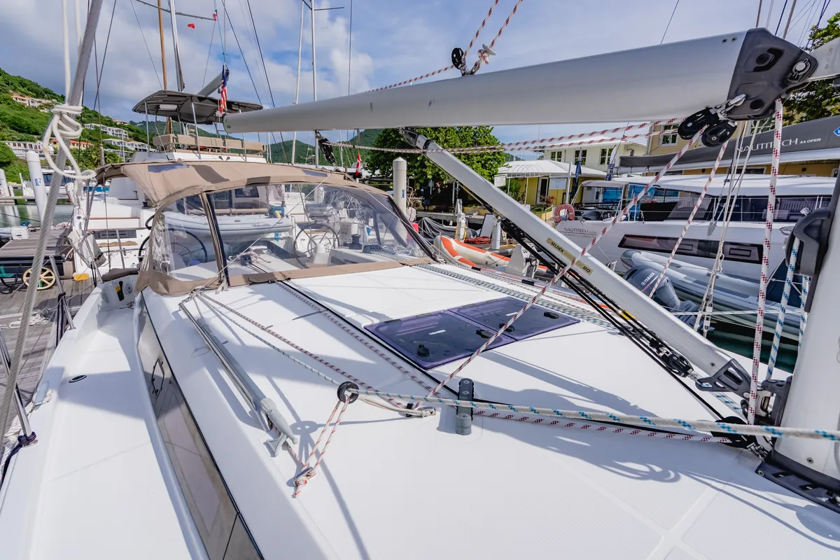 Deck of Tola Sunrise, a Jeanneau Sun Odyssey 410 sailboat at Road Town, British Virgin Islands
