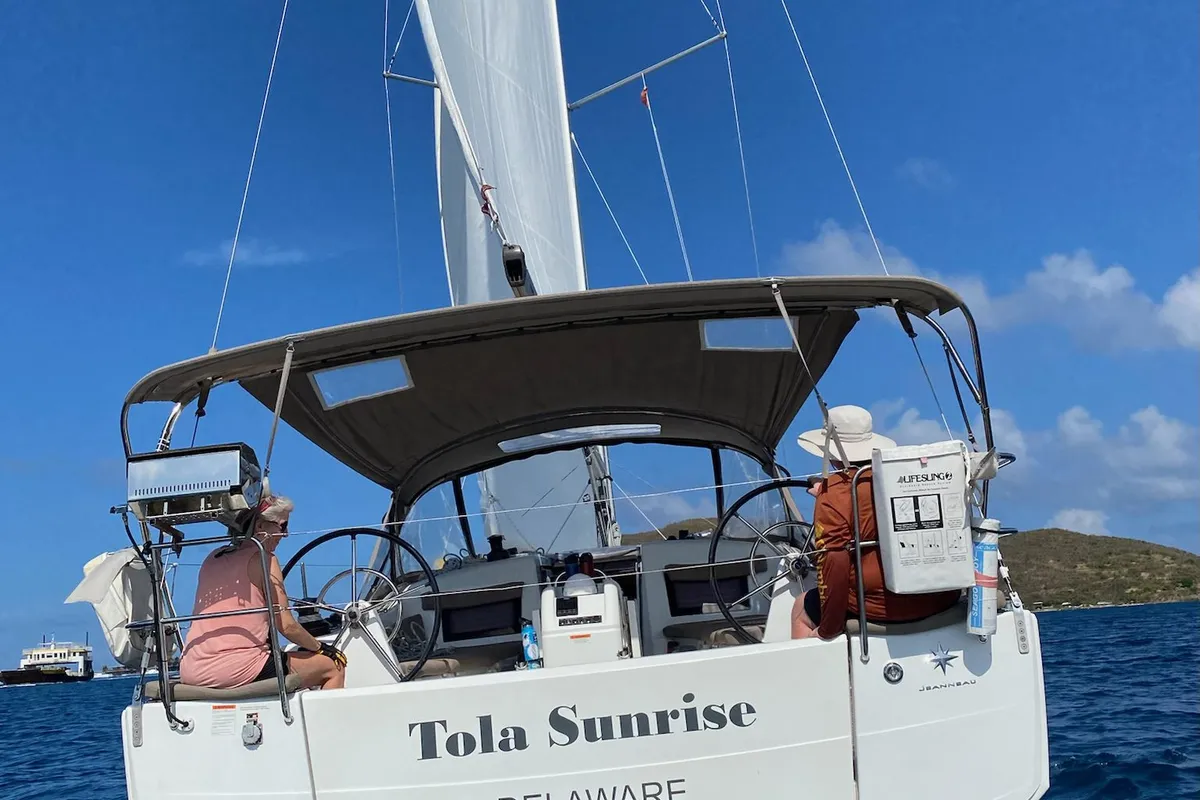 Cockpit of Tola Sunrise, a Jeanneau Sun Odyssey 410 sailboat at Road Town, British Virgin Islands