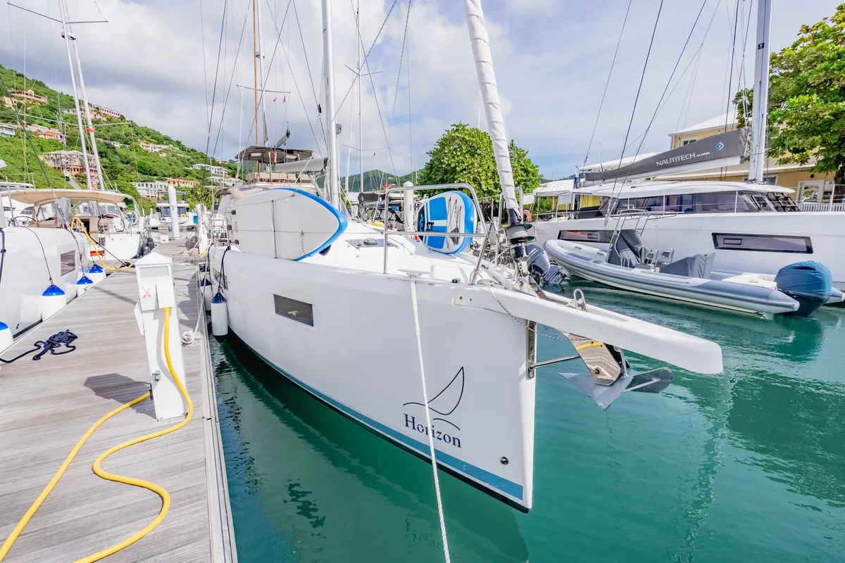 Exterior view of Tola Sunrise, a Jeanneau Sun Odyssey 410 sailboat at Road Town, British Virgin Islands