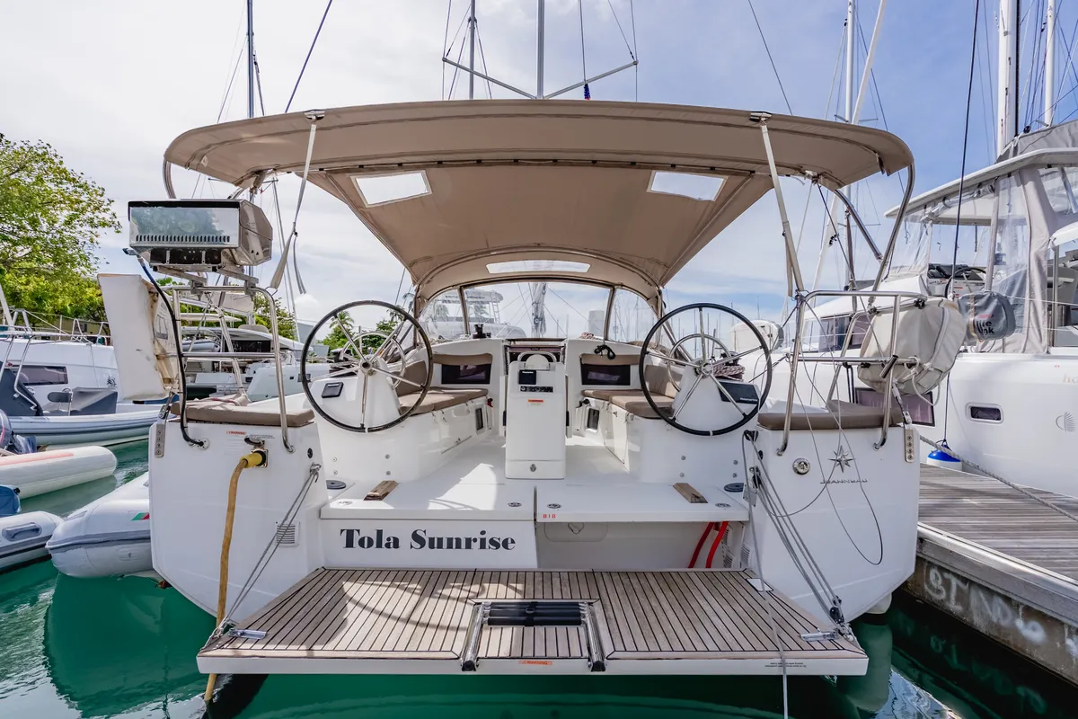 Cockpit of Tola Sunrise, a Jeanneau Sun Odyssey 410 sailboat at Road Town, British Virgin Islands