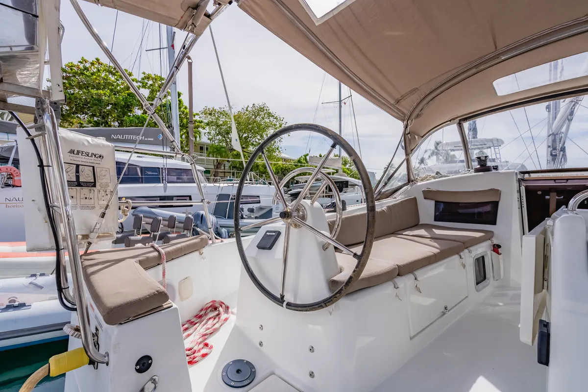 Cockpit of Tola Sunrise, a Jeanneau Sun Odyssey 410 sailboat at Road Town, British Virgin Islands