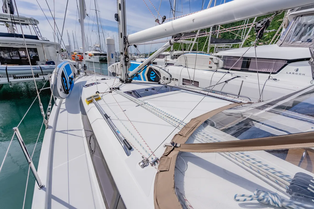 Deck of Tola Sunrise, a Jeanneau Sun Odyssey 410 sailboat at Road Town, British Virgin Islands