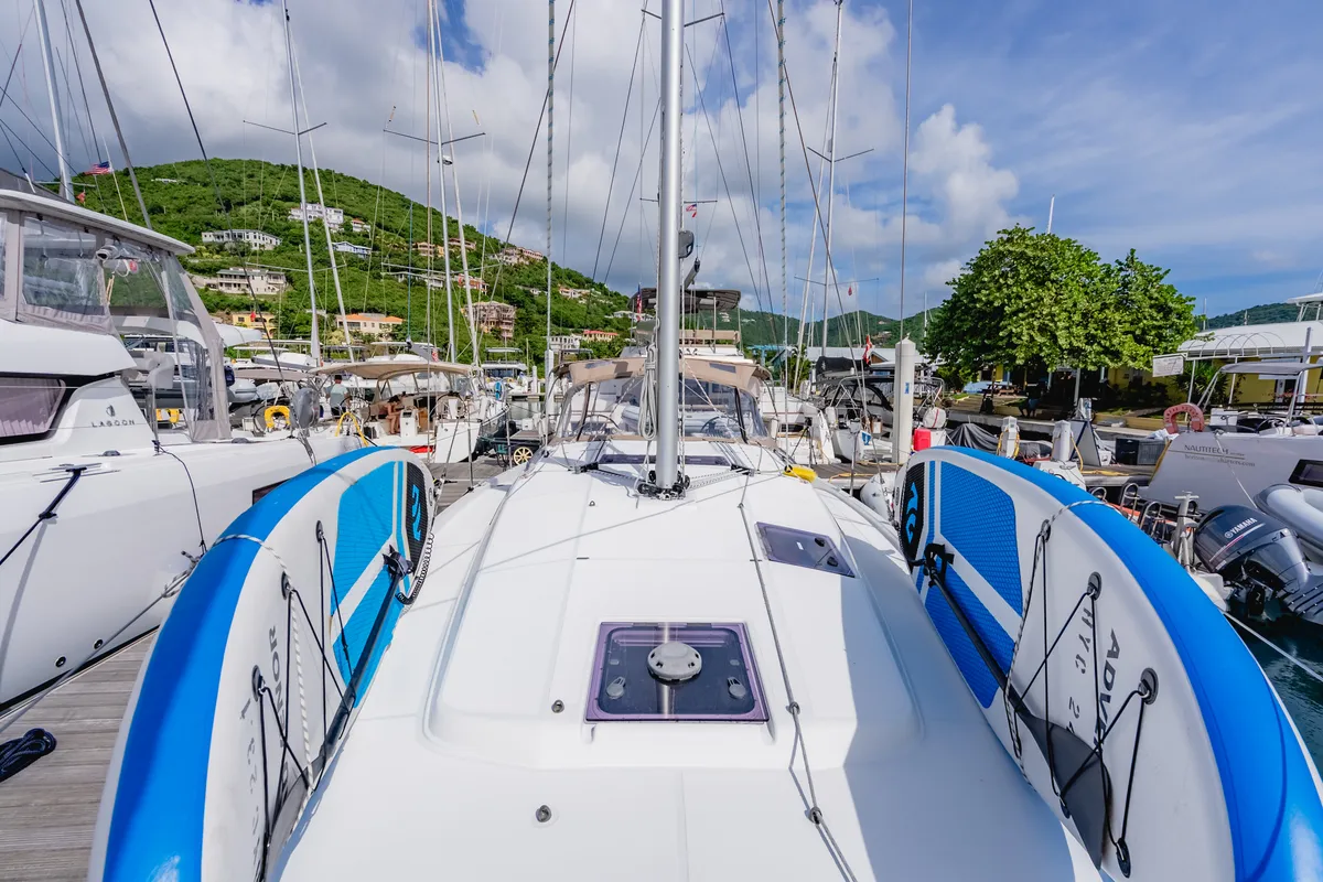 Deck of Tola Sunrise, a Jeanneau Sun Odyssey 410 sailboat at Road Town, British Virgin Islands