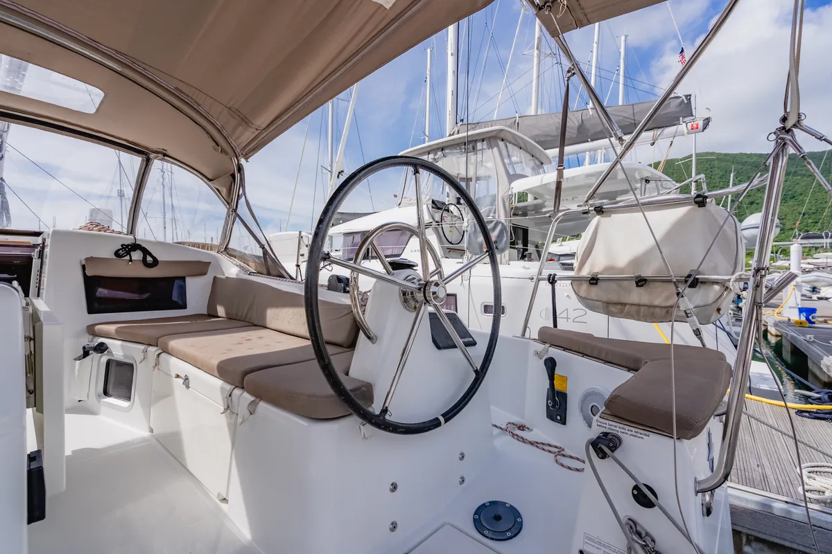 Cockpit of Tola Sunrise, a Jeanneau Sun Odyssey 410 sailboat at Road Town, British Virgin Islands