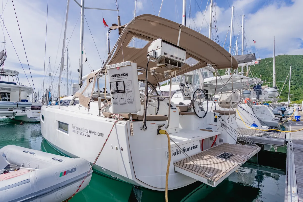 Exterior view of Tola Sunrise, a Jeanneau Sun Odyssey 410 sailboat at Road Town, British Virgin Islands