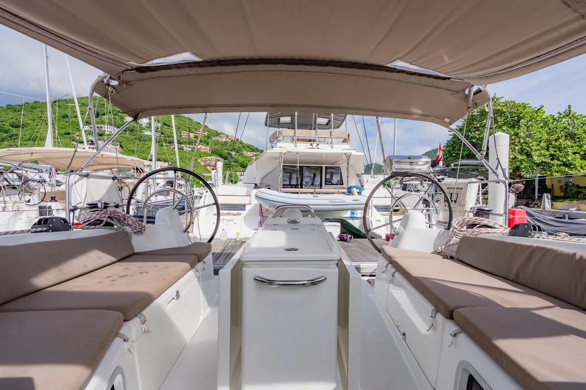 Cockpit of Tola Sunrise, a Jeanneau Sun Odyssey 410 sailboat at Road Town, British Virgin Islands