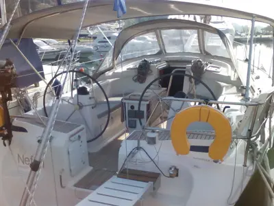 Cockpit of Nefeli, a Bavaria 42 Cruiser sailboat at Skiathos, Greece