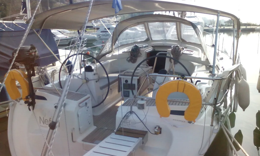 Cockpit of Nefeli, a Bavaria 42 Cruiser sailboat at Skiathos, Greece
