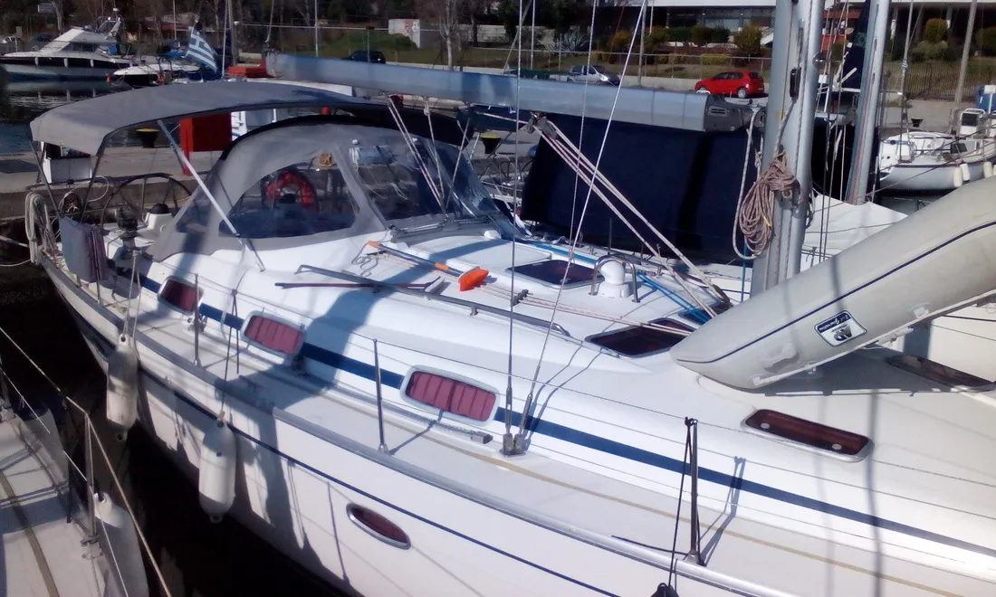Exterior view of Nefeli, a Bavaria 42 Cruiser sailboat at Skiathos, Greece