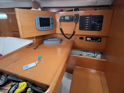 Cockpit of Tiaga, a Beneteau First 31.7 sailboat at Saint-Cast-le-Guildo, France