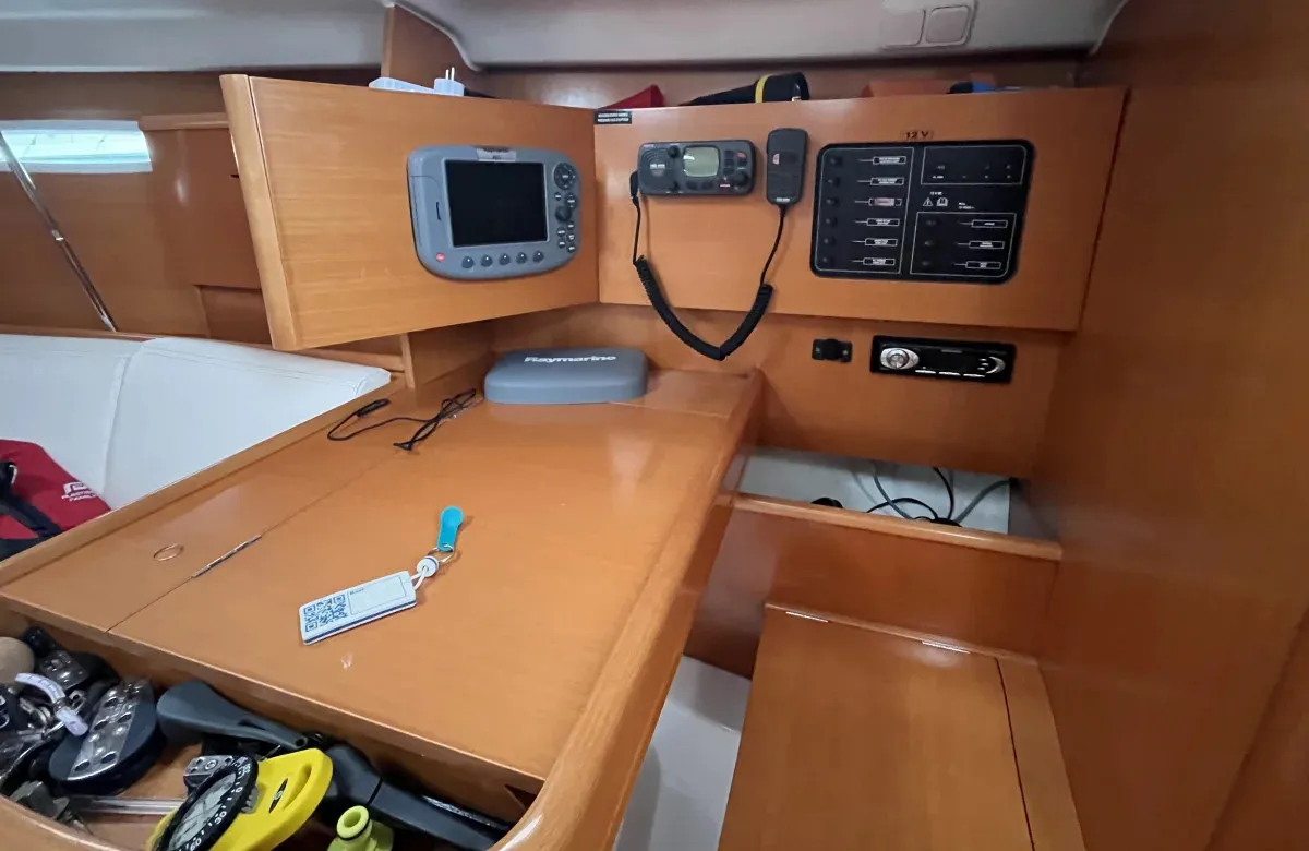Cockpit of Tiaga, a Beneteau First 31.7 sailboat at Saint-Cast-le-Guildo, France