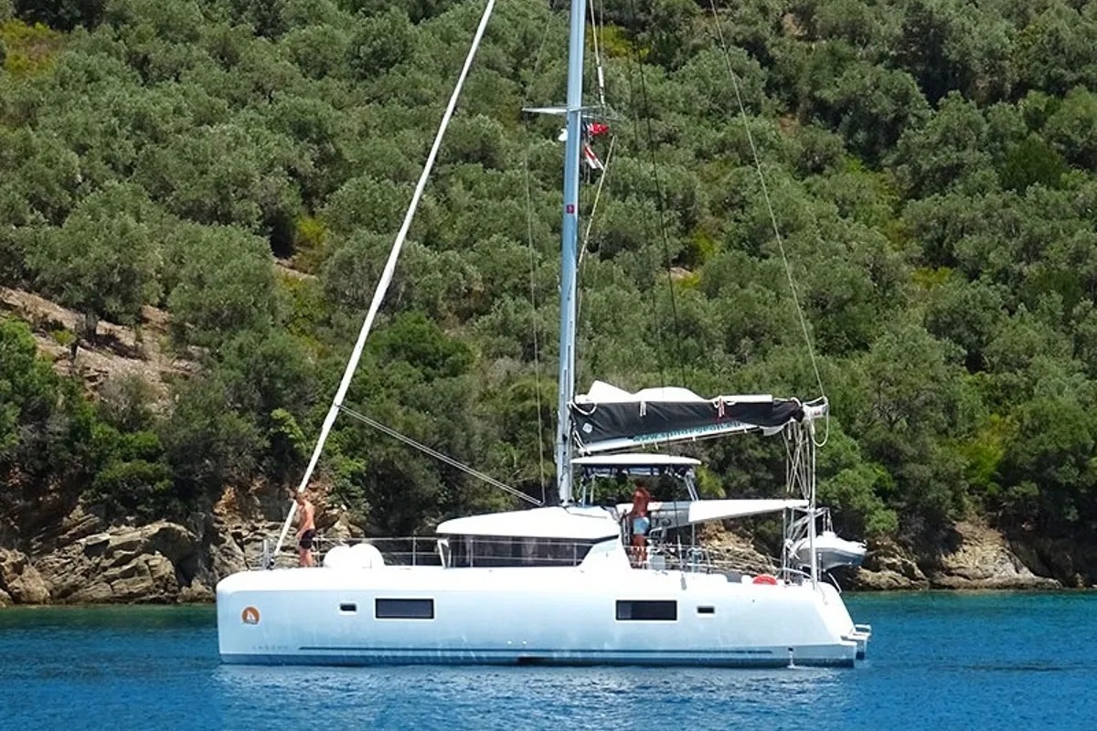 Exterior view of Sao, a Lagoon 42 catamaran at Volos, Greece