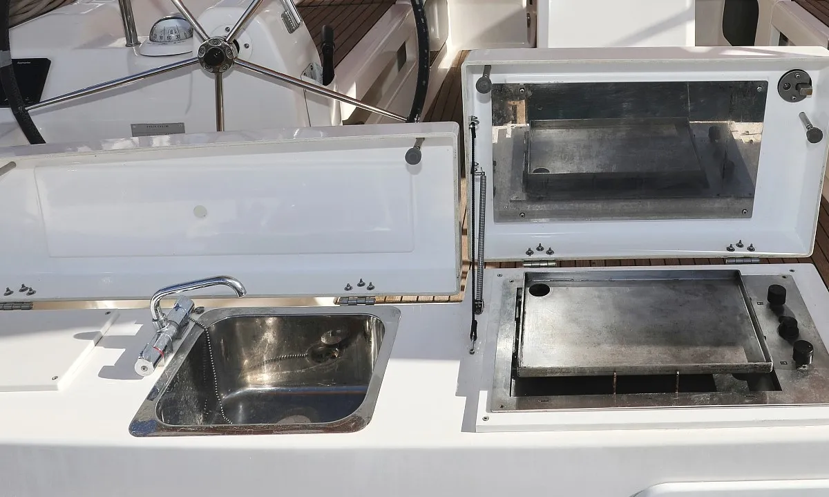 Deck of Alabama, a Dufour 412 GL sailboat at Grad Biograd na Moru, Croatia