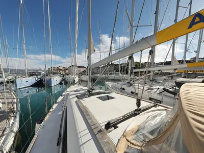 Deck of Alabama, a Dufour 412 GL sailboat at Grad Biograd na Moru, Croatia