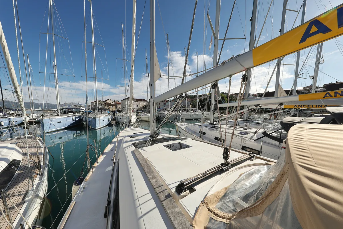 Deck of Alabama, a Dufour 412 GL sailboat at Grad Biograd na Moru, Croatia