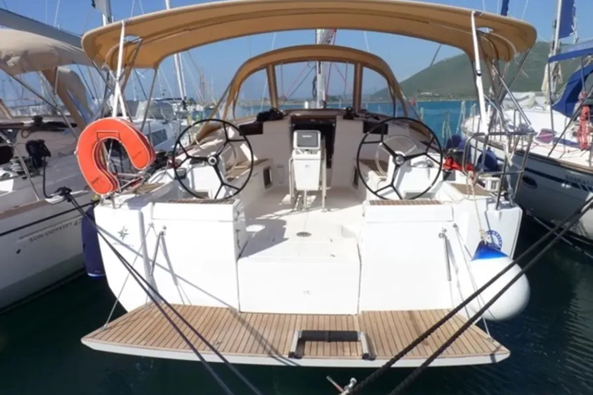 Cockpit of Melody, a Jeanneau Sun Odyssey 449 sailboat at Municipal Unit of Lefkada, Greece