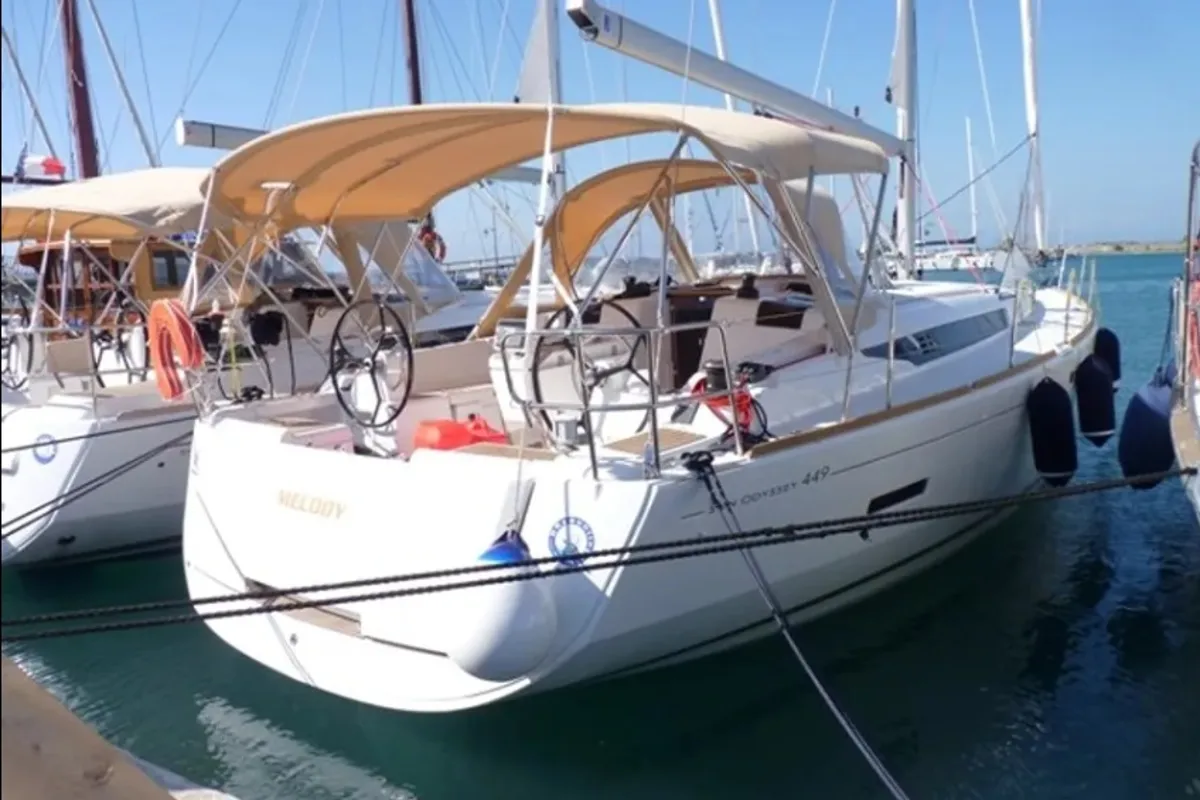 Exterior view of Melody, a Jeanneau Sun Odyssey 449 sailboat at Municipal Unit of Lefkada, Greece