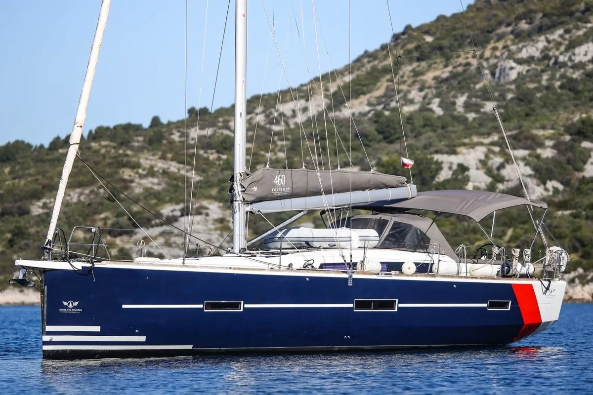 Exterior view of Fivek, a Dufour 460 GL sailboat at Primošten, Croatia