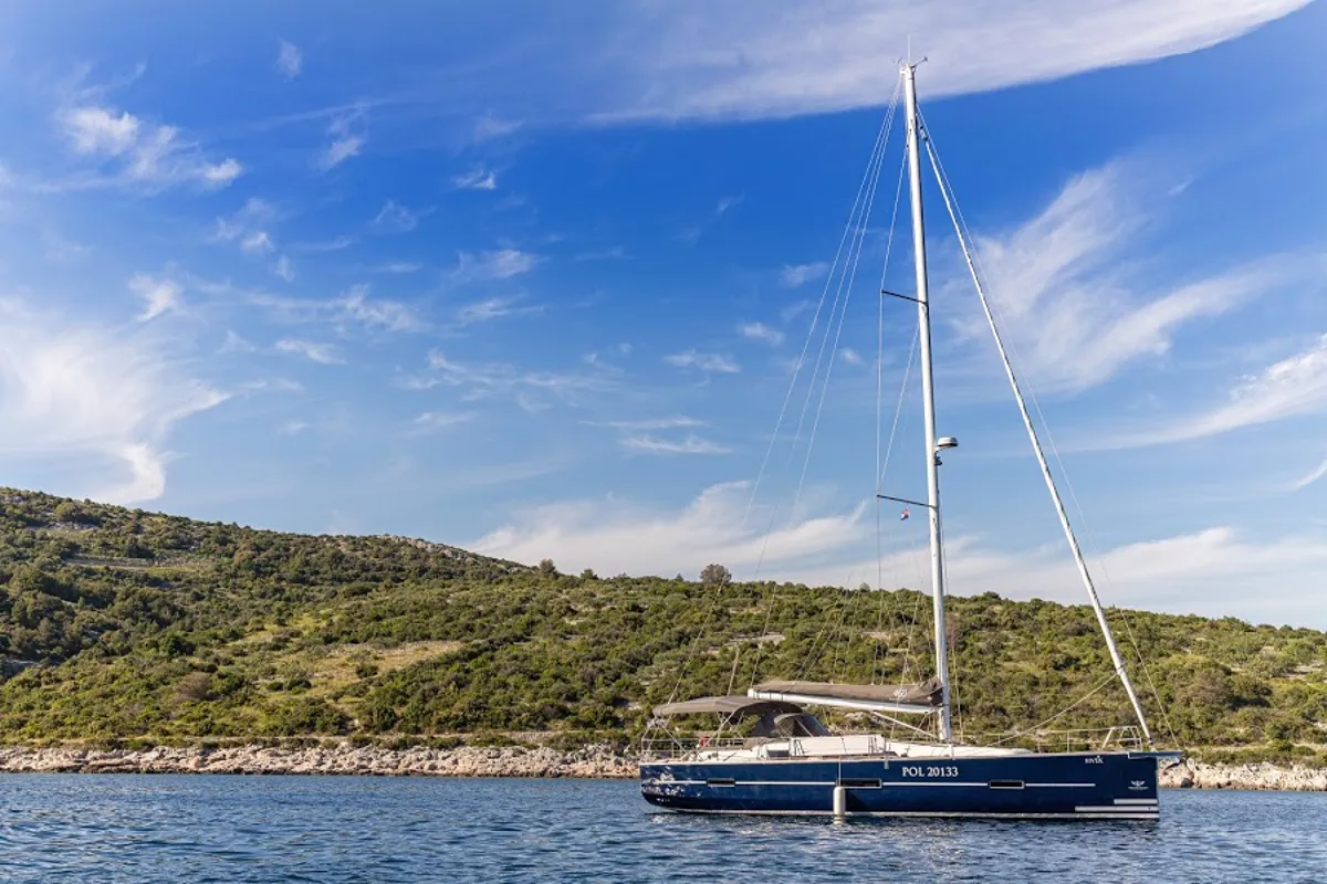Exterior view of Fivek, a Dufour 460 GL sailboat at Primošten, Croatia