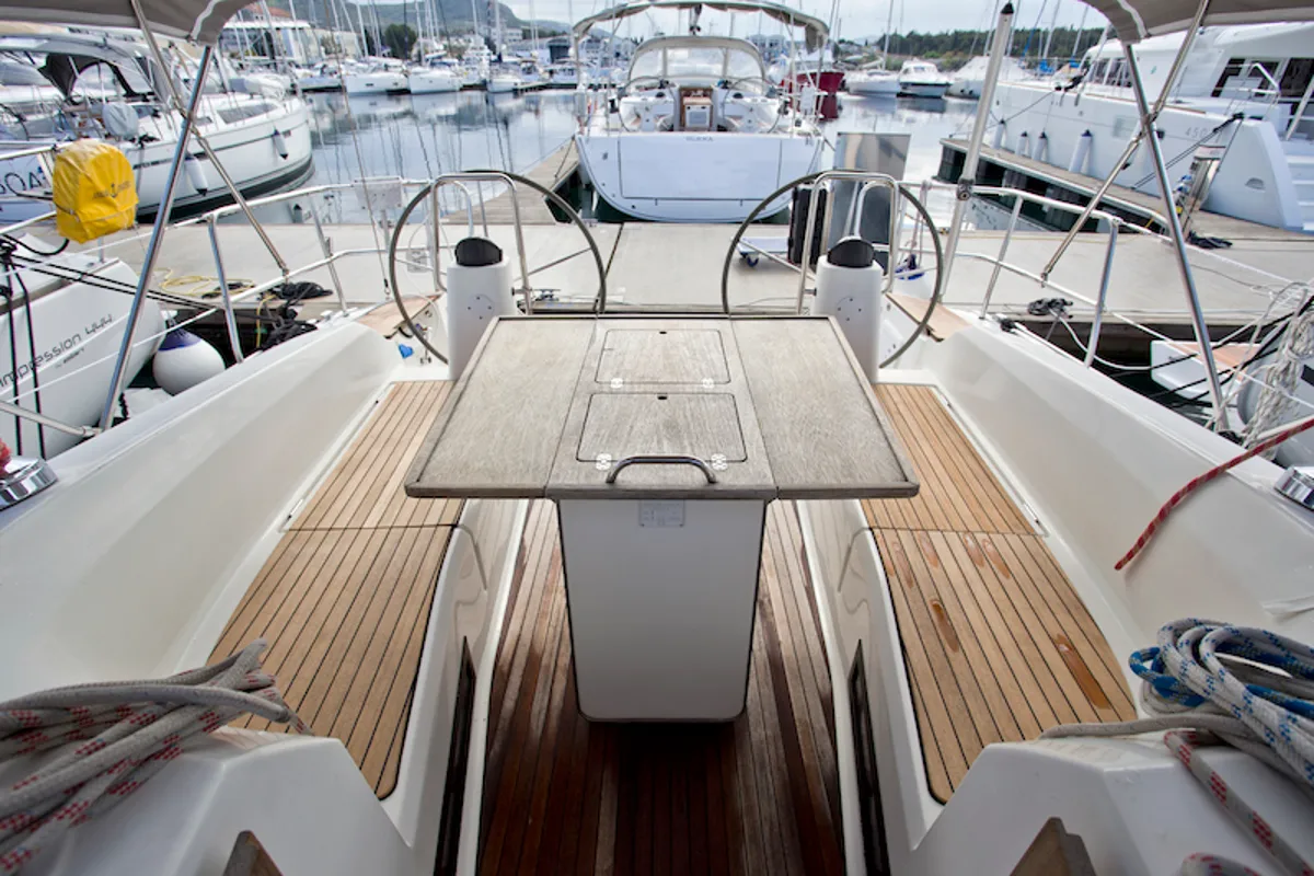 Deck of Astros, a Bavaria Cruiser 41 sailboat at Grad Šibenik, Croatia