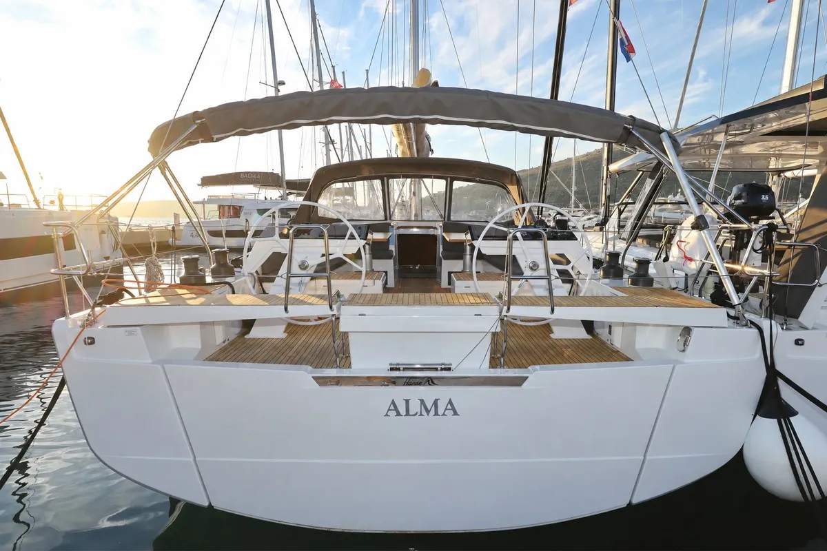Exterior view of Alma, a Hanse 510 sailboat at Kos, Greece